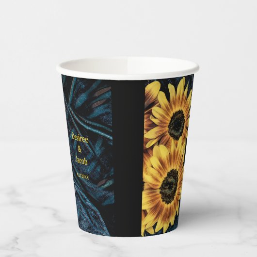 Zonnebloem Geel Rustisch Denim Blue Jeans Papieren Bekers (Links)