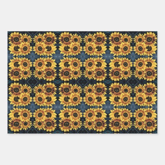 Zonnebloem Geel Rustisch Denim Blue Jeans Pattern Inpakpapier Vel (Voorkant 3)