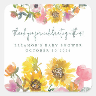 Zonnebloem Gele Waterverf Florence Baby shower Vierkante Sticker