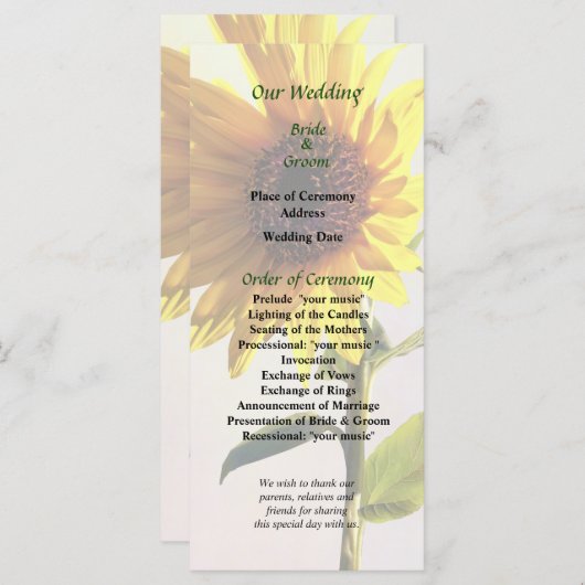 Zonnebloem geniet van het Sun Wedding Programme Programma (Voorkant / Achterkant)