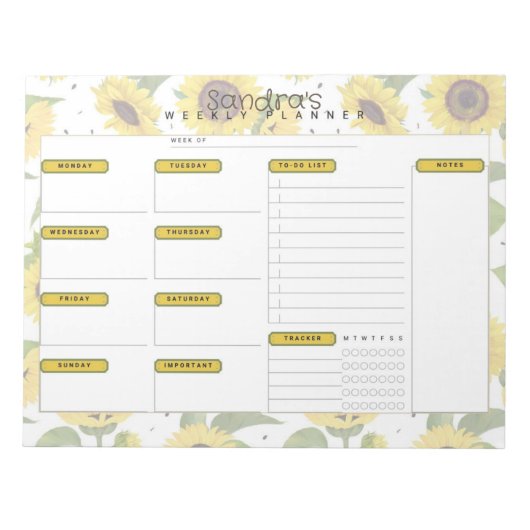 Zonnebloem gepersonaliseerde weekplanner notitieblok (Voorkant)