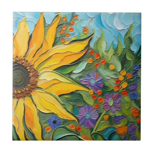 Zonnebloem, geverfd tegeltje (Voorkant)