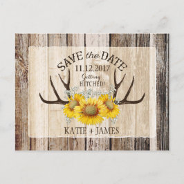 Zonnebloem gewei hout rustiek Save the Date Aankondigingskaart