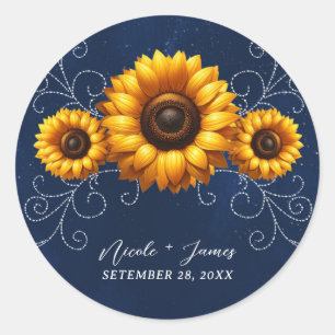 Zonnebloem Glans Blauw Rustieke Glam Bruidsmeisjes Ronde Sticker