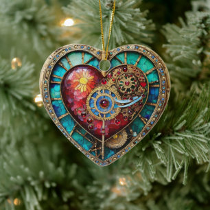 Zonnebloem Glas-in-Lood Hart Steampunk Serie Keramisch Ornament