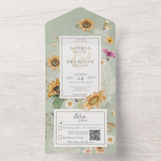 Zonnebloem Groene QR-code All In One Uitnodiging (Binnen)