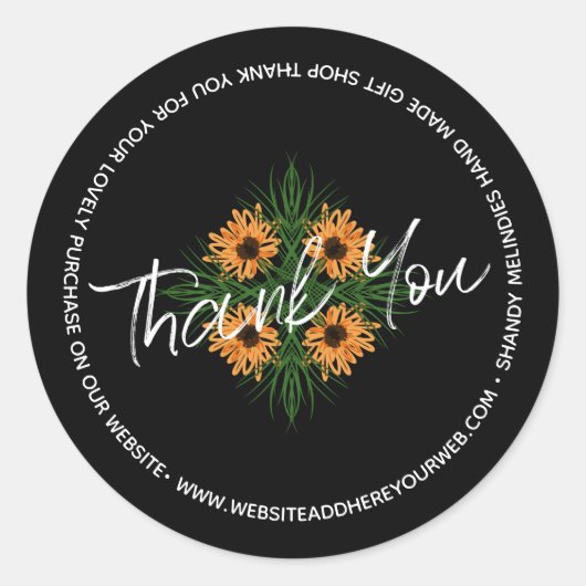 Zonnebloem Hand getrokken Script Business Dank u Ronde Sticker (Voorkant)