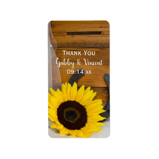 Zonnebloem Hoefijzer Westerne bruiloft Dank u Labe Etiket (Voorkant)