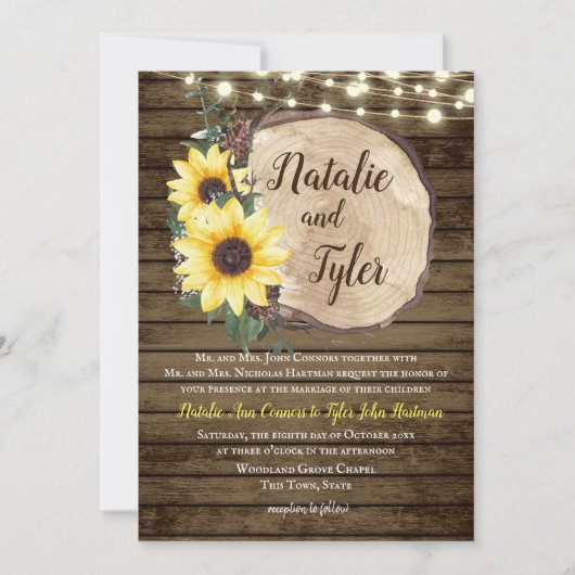 Zonnebloem Hout Slice Rustieke String Lights Bruil Kaart (Voorkant)