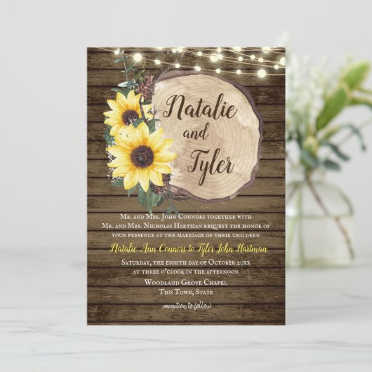 Zonnebloem Hout Slice Rustieke String Lights Bruil Kaart (Staand voorkant)