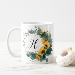 Zonnebloem Initiële Elegante Vintage Waterverf  Koffiemok