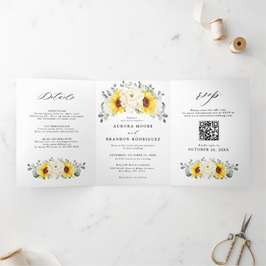 Zonnebloem Ivoor pioen Bloemen QR Code Huwelijk Drieluik Aankondiging (Binnen)