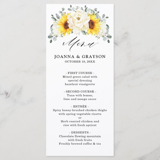 Zonnebloem Ivory Peony Floral Eucalyptus Weddensch Menu (Voorkant)