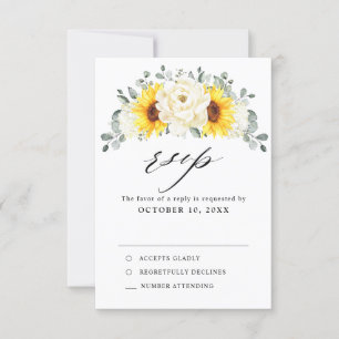 Zonnebloem Ivory Peony Floral Eucalyptus Weddensch RSVP Kaartje