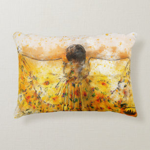Zonnebloem Jurk Aquarel Kunst Accent Kussen
