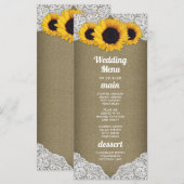 Zonnebloem Jute en Kant Trouwmenu Kaarten (Voorkant / Achterkant)