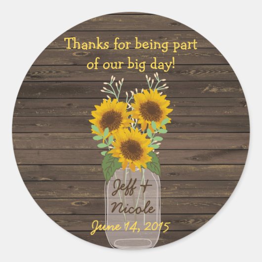 Zonnebloem Land Hout Mason Jar Weddenschap Ronde Sticker (Voorkant)
