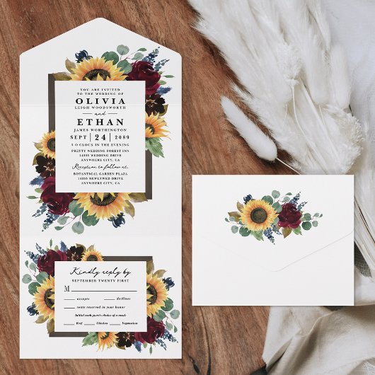 Zonnebloem Land Rustic Fall Wedding RSVP All In One Uitnodiging