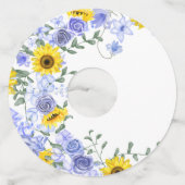 Zonnebloem & Lichtblauwe Rozen Wijnglas Label Labe (Voorkant)