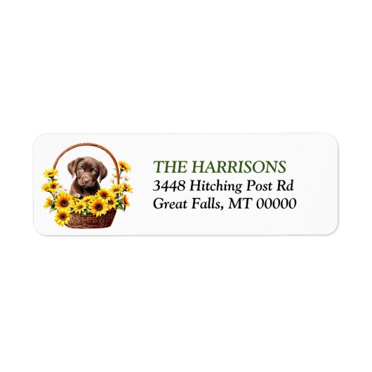 Zonnebloem mand Chocolade Lab Retriever Puppy Etiket (Voorkant)