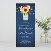Zonnebloem Marine Blauw Mason Jar Bloemen Bruiloft Programma (Staand voorkant)