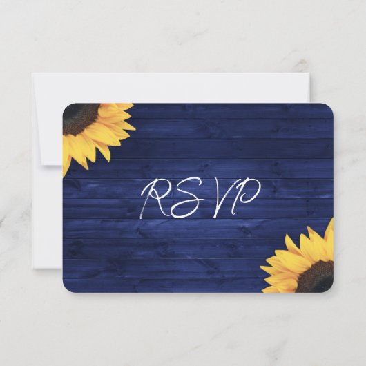 Zonnebloem Marine Blauw Rustiek Hout Wedding RSVP Kaartje (Achterkant)
