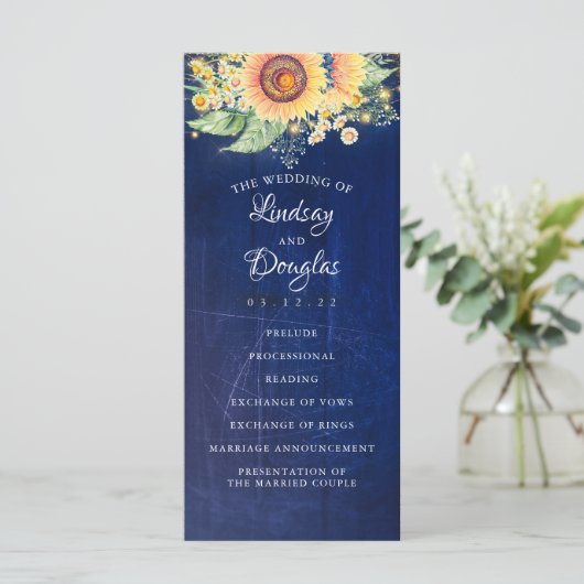 Zonnebloem Marine Blauw Rustieke Herfst Bruiloft P Programma (Staand voorkant)