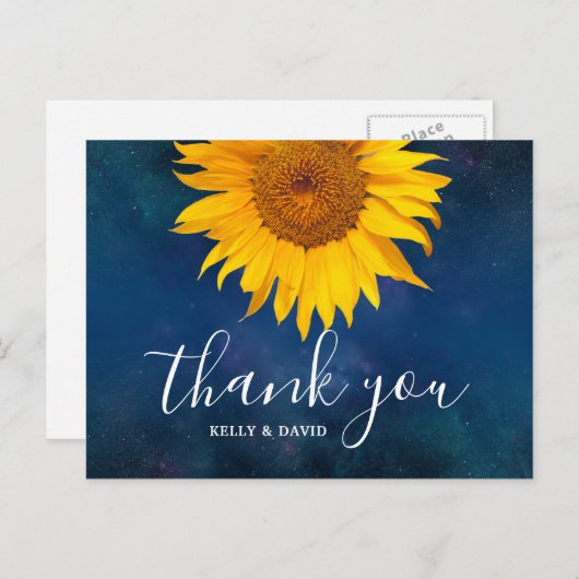 Zonnebloem marine blauwe zomer bruiloft dank u briefkaart (Voorkant / Achterkant)