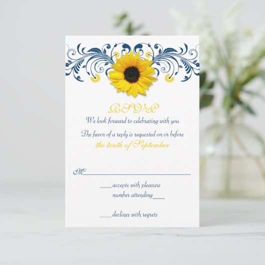 Zonnebloem Marineblauw Geel Bloemig Trouw RSVP (Staand voorkant)