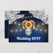 Zonnebloem Mason Jar Blauw Hout Bruiloft RSVP Kaar (Voorkant / Achterkant)