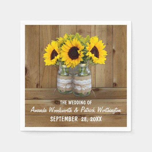 Zonnebloem Mason Jar Burlap + Kant bruiloft servet (Voorkant)