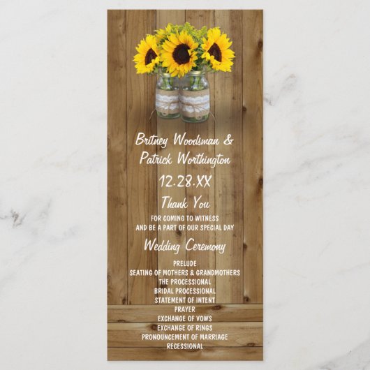 Zonnebloem Mason Jar Burlap + Kant Trouwprogramma' Programma (Voorkant)