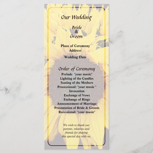 Zonnebloem Medallion Wedding Program Programma (Voorkant)