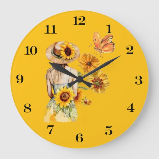 Zonnebloem Meisje Wall Clock Grote Klok (Voorkant)