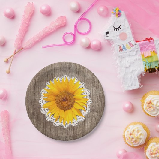 zonnebloem met Barn Wood Rustic Wedding Papieren Bordje (Feest)