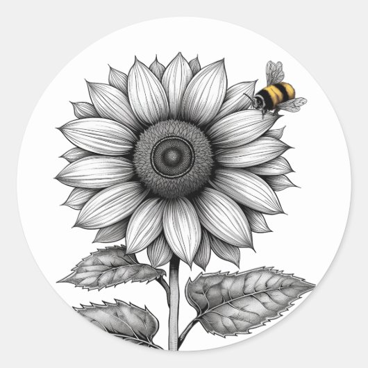 Zonnebloem met Bee Black en White Sticker Seal (Voorkant)