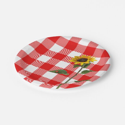 Zonnebloem met dame bugs op geruite plaid papieren bordje (Gekanteld)