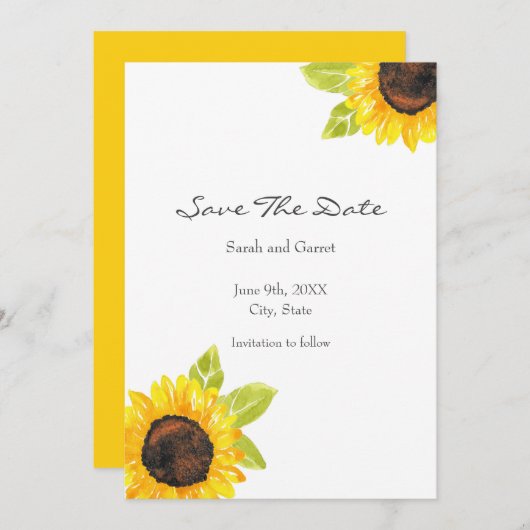 Zonnebloem met handmatige Waterverf Save The Date (Voorkant / Achterkant)