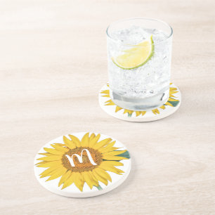 Zonnebloem met monogram zandsteen onderzetter