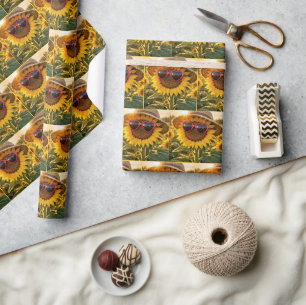 Zonnebloem met zonnebril en strohoed cadeaupapier