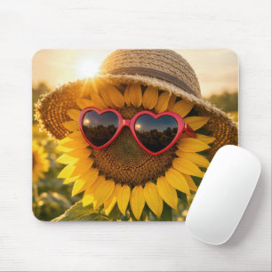 Zonnebloem met zonnebril en strohoed muismat