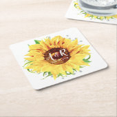 Zonnebloem Monogram Bruiloft Vierkante Kartonnen Onderzetter (Schuin)