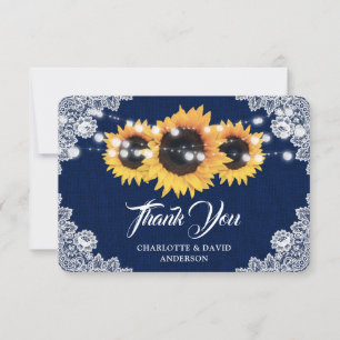 Zonnebloem Navy Blauwe Jute Bloemen Kant Trouwjurk Bedankkaart
