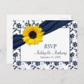 Zonnebloem Navy Damask Bruiloft RSVP Briefkaart (Voorkant / Achterkant)