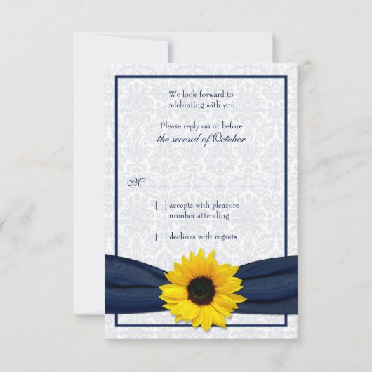 Zonnebloem Navy Damask Floral Wedding RSVP Kaart (Voorkant)