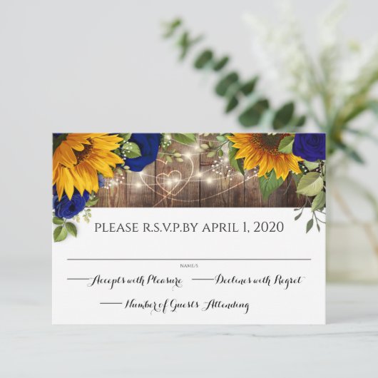 Zonnebloem & Navy Rozen Rustieke Houten Lichten RS RSVP Kaartje (Staand voorkant)