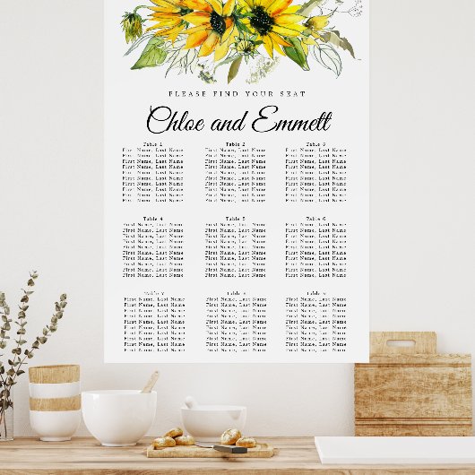 Zonnebloem, negen-tafelzitjes, geel poster (Keuken)