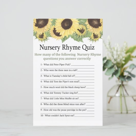 Zonnebloem Nursery Rhyme Quiz baby shower game (Staand voorkant)