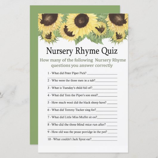 Zonnebloem Nursery Rhyme Quiz baby shower game (Voorkant / Achterkant)