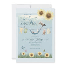 Zonnebloem Ooievaar Jongens Baby Shower Uitnodigin